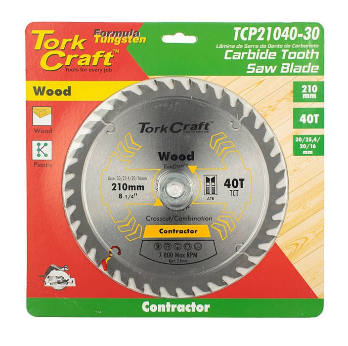 Tork Craft | Saw Blade TCT 210x40T 30/25,4/20/16mm Wood Contractor - BPM Toolcraft